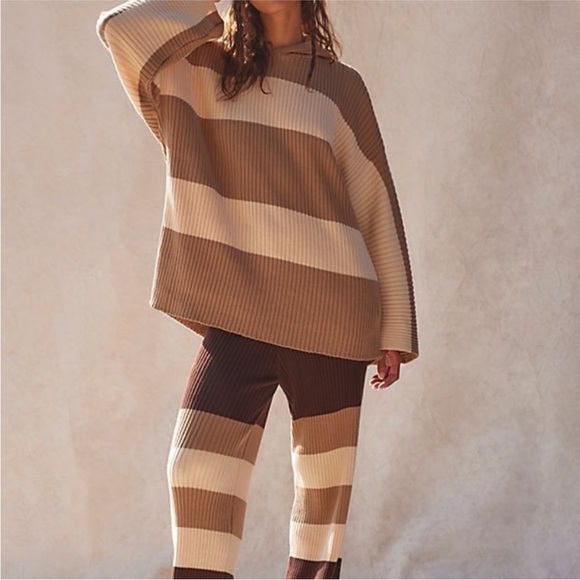 Free People Beach NWT Kami Hooded Sweater Set Brown/ Cream Oversized Small - Picture 13 of 15